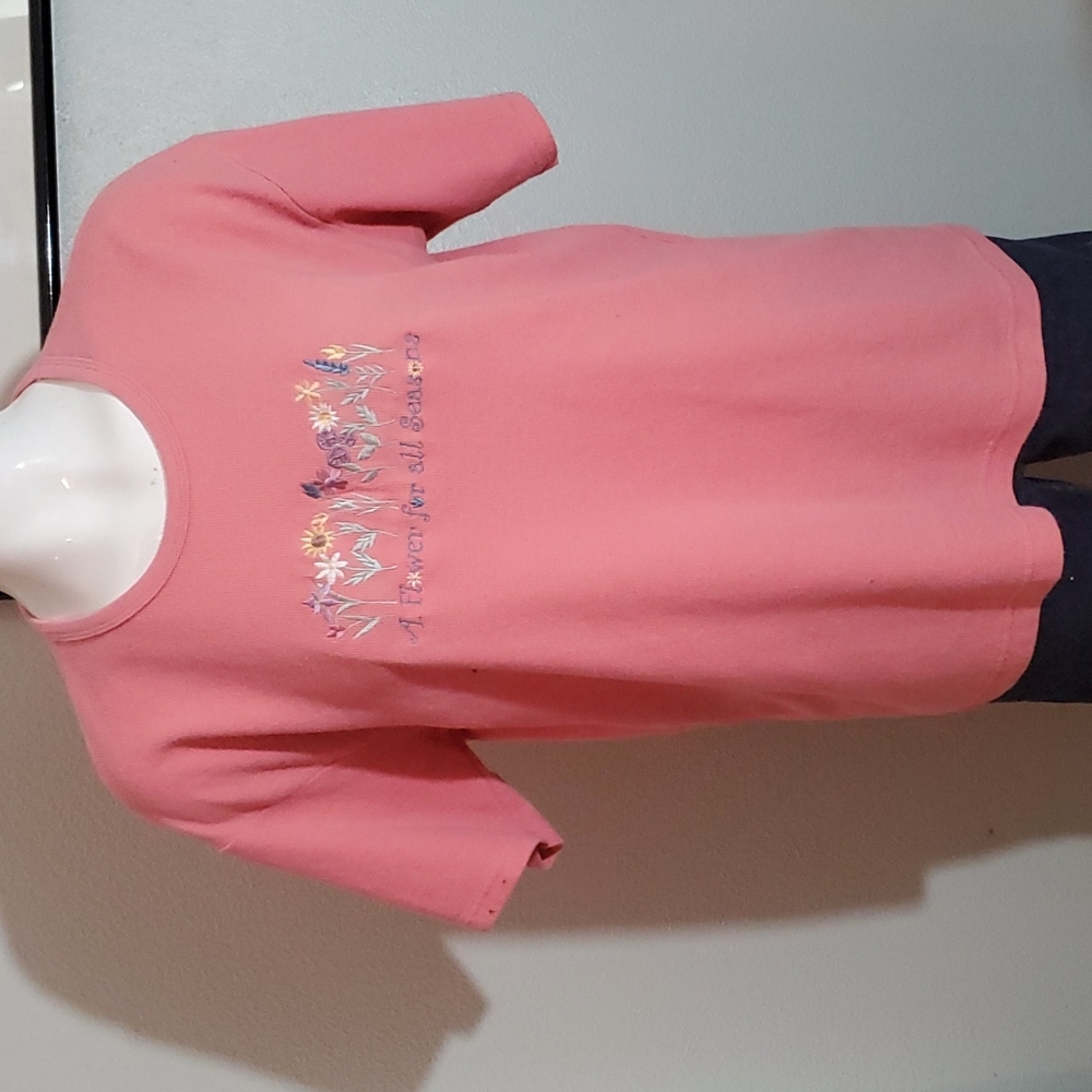 DESERT HEAT Vtg Women's Peach SSleeve-Embroiderd Front-Scoop Neck Knit Top-Sz XL